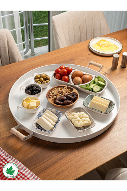 Lin Metal 51cm Ahşap Kulplu Krem Metal Tepsi Yuvarlak Çay Tepsisi