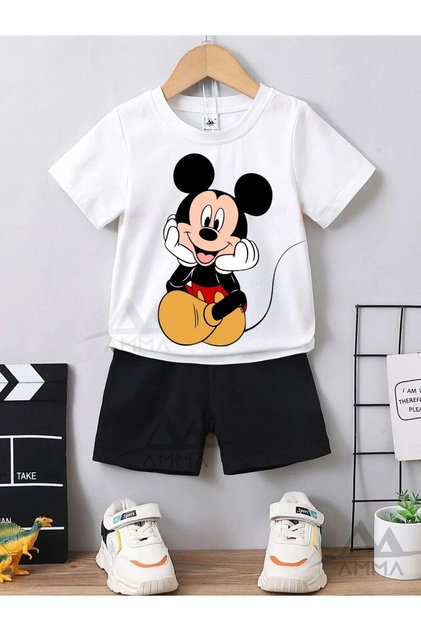 Kids' White and Black Mickey Mouse Printed Top and Bottom Set , %100 Cotton T-Shirt and Shorts
