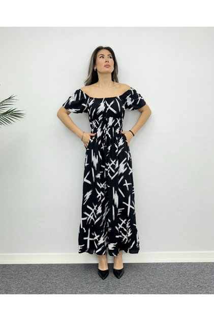 Black Multiplication Patterned Maxi Length Viscose Dress
