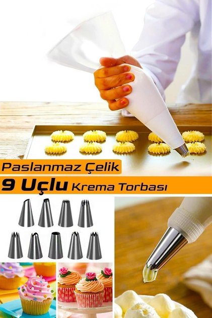 10 Parça Çelik Uçlu Krema Torbası Kek Pasta Süsleme Krema Sıkma Torbası Krema Poşet I