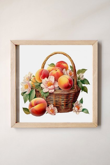 Peach Basket Painting with Watercolor Effect with Wooden Frame, Watercolor