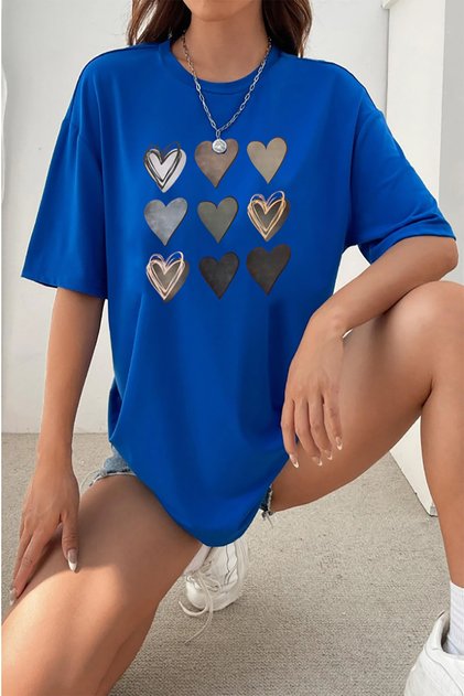 Heart Printed Unisex Oversize Blue T-shirt