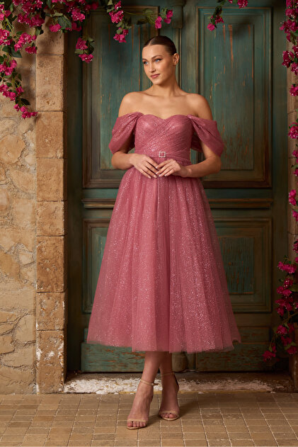 Lenta Moda Transparent Dried Rose Glitter Midi Evening Dress - Evening Dress  with Draped and Belt Detail- Trendyol
