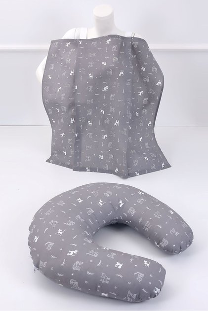 Gray Cat Cotton Breastfeeding Pillow and Bib Set