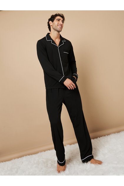 Piping Detail Long Sleeves Shirt and Pyjama Nightwear Set