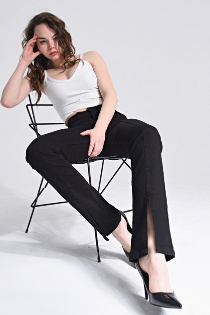 Black Lycra High Waist Flare Jeans with Slit Legs