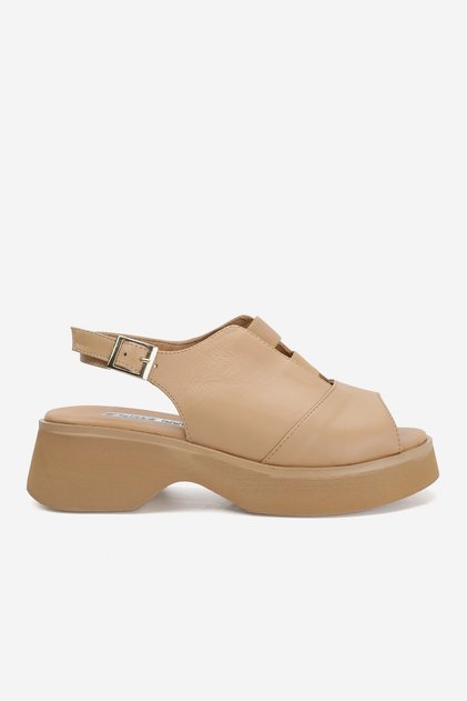 Women's Beige Genuine Natural Leather Short Heel Sandals