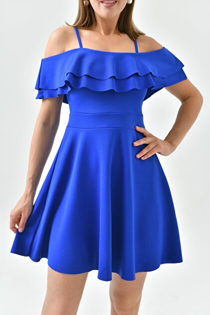 bayansepeti Saks Blue Flexible Crepe Homecoming Dress - Two Layers with  Flywheel and Strap Detail 014- Trendyol