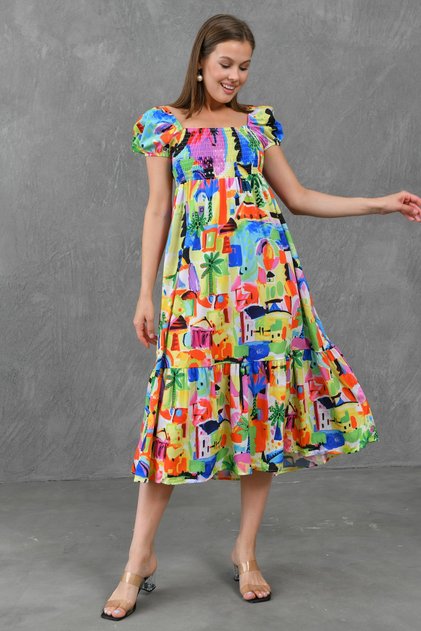 Colorful Print Fabric Gimped Design Princess Sleeve Square Neck Maxi Dress 6626