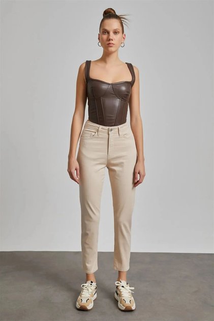 Julia Trend Civas High Waist Beige Color Mom Jeans Lycra Stretch Jeans