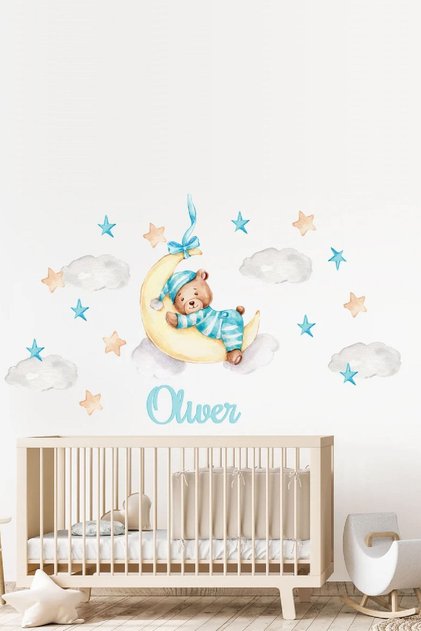 Uyuyan Pijamalı Ayıcık Bulutlar Ve Yıldızlar Isme Özel Çocuk Odası Duvar Sticker Seti