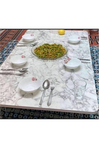 70*120 cm mermer desen katlanabilir kilit sistemli çelik ayaklı beyaz mermer desen YER SOFRASI
