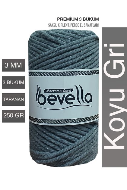 Premium 3 Twisted Cotton Macrame Rope 3 mm 250 Gr Dark Gray