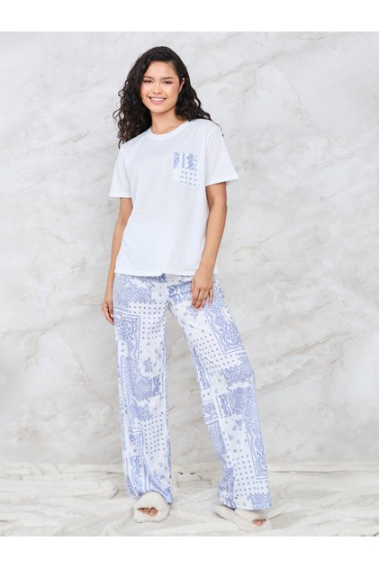 Printed Pocket T-Shirt & Wide Leg Pyjama Set