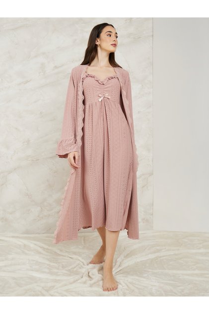 Broderie Lace Trim Detail Ruffle Neck Slip Dress & Robe Set