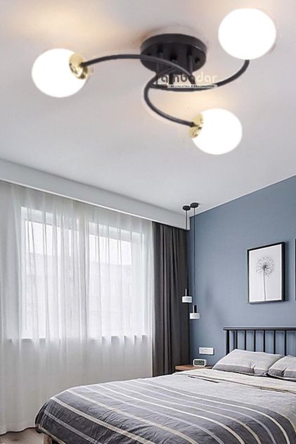Luxury Model Plafonyer Üçlü Siyah Modern Beyaz Camlı Avize