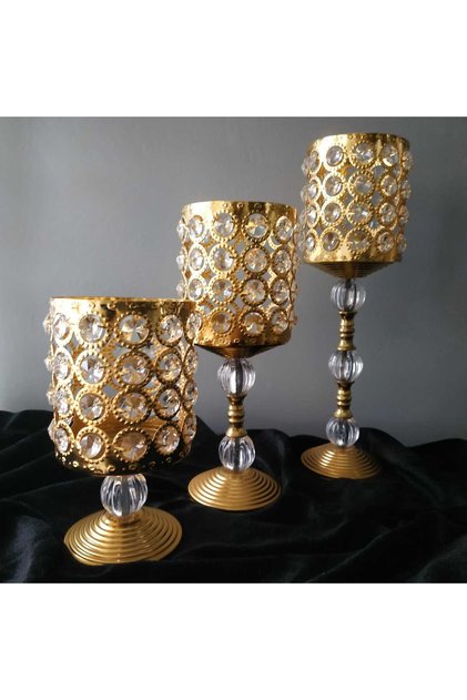KRİSTAL TAŞLI- METAL- ŞAMDAN MUMLUK SET