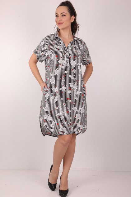 Floral Patterned Striped Buttoned 100% Viscose Women's Dress