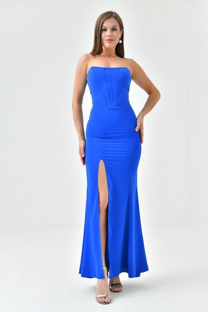 Women's Cobalt Blue Strapless Neckline Maxi Dress with Corset Detail and Slit Design, Size 167