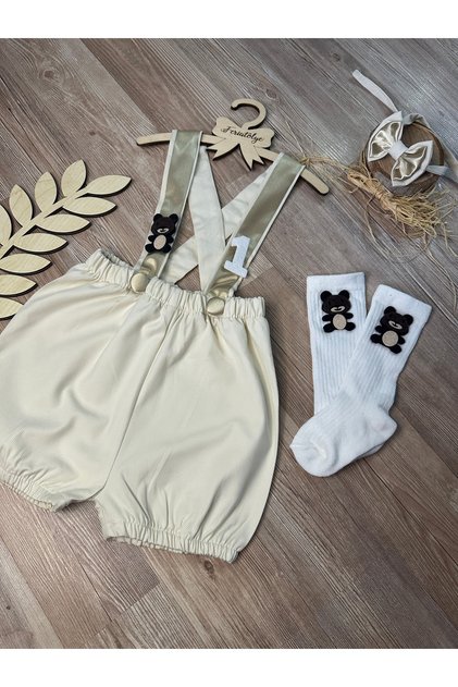 Handmade Cream Gold Teddy Bear Concept Baby Boy Shorts Salopet Bow Tie Socks Set