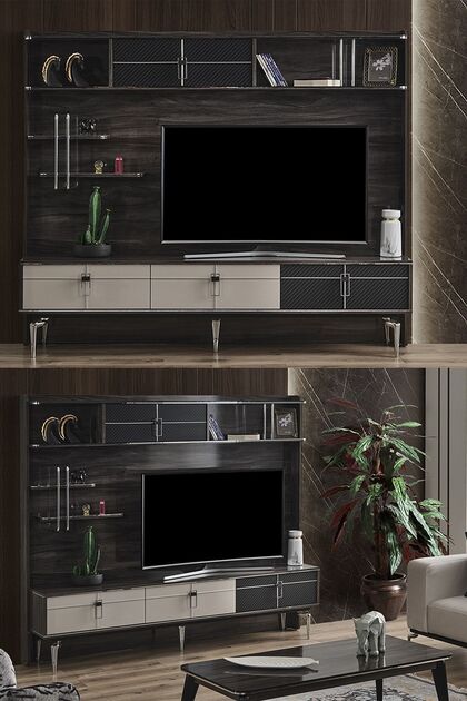 Hilton 204 Premium Tv Ünitesi Fonlu Televizyon Sehpası Ünitesi 204 Cm 3 Çekmeceli Raflı