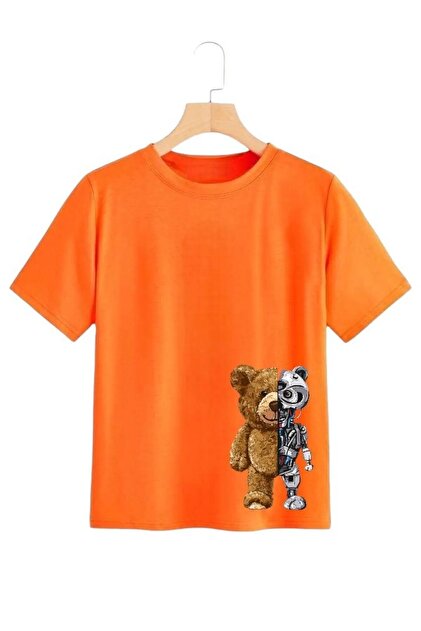 ROBOTİK AYI BASKILI ÇOCUK TİŞÖRT - BİSİKLET YAKA T-SHIRT KIZ ERKEK