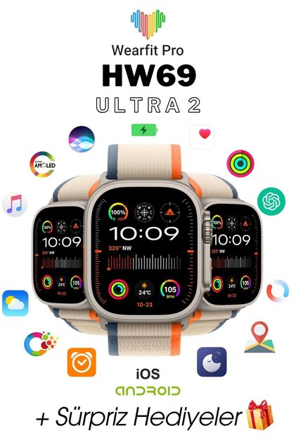 WEARFİT HW69 ULTRA 2 Akıllı Kol Saati Smart Watch Model:inç 49mm AMOLED Ekran (GRİ)