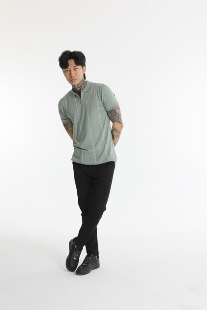 The Champ Polo Collar Zippered White Striped Knitwear Green Men's T-Shirt