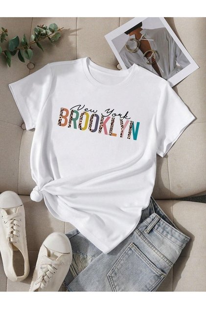 Women's White Colored Brooklyn Printed Oversize T-Shirt