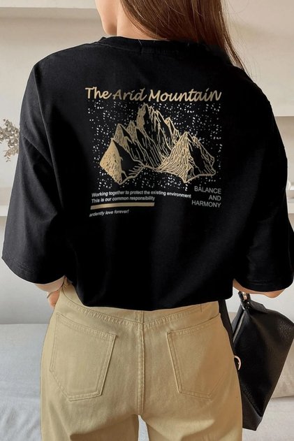 Women's Black Arid Mountain Printed Oversize T-Shirt