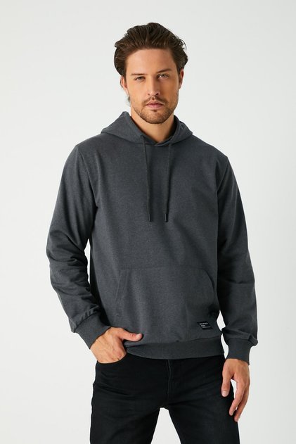 Men's Anthracite Basic Hooded Regular Fit Regular Cut 2 Thread Fabric Casual Sweatshirt