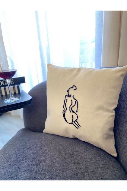 42*42 Cream Throw Pillow Handmade Home Decoration - Women Boobs Embroidered Punch
