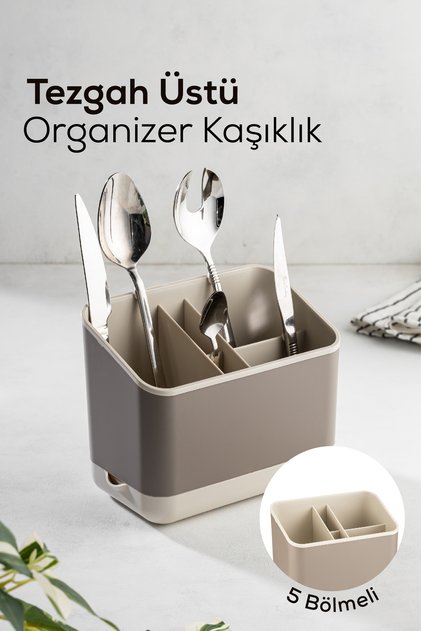 5 Bölmeli Organizer Kaşıklık Tezgah Üstü Kaşık Düzenleyici Bej