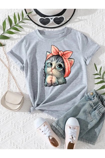 CAT PRINT KIDS T-SHIRT - CREW NECK T-SHIRT