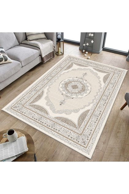 10303-Padded Brown Cream Palace Non-Slip Rug Cover