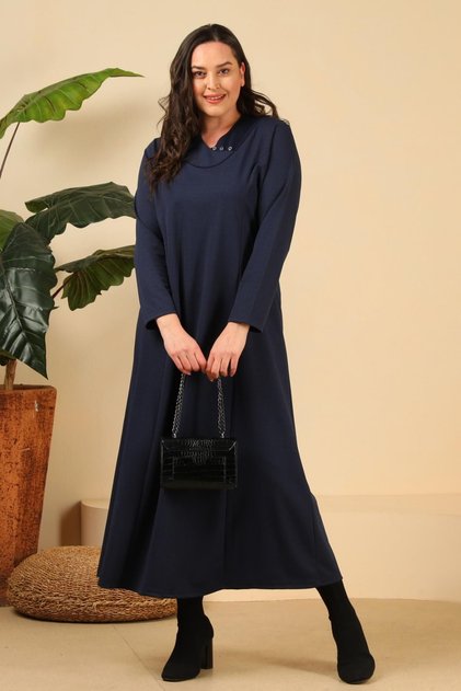 Women's Large Size Hijab Honeycomb Fabric Jacquard Mother Dress Navy Blue