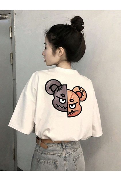 Women's White Figure Bear Printed Oversize T-Shirt