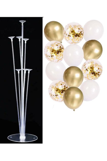 7 Balloon Stand and 10 Gold-White-Transparent Confetti Balloon Set