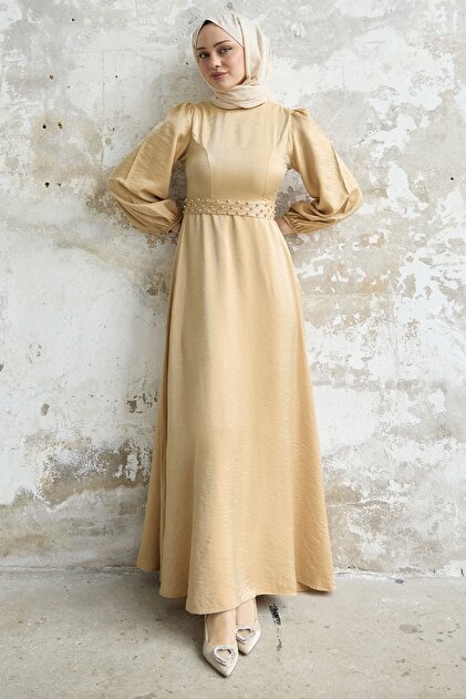 InStyle Glittery Satin Dress with Stone Belt Yellow- Trendyol