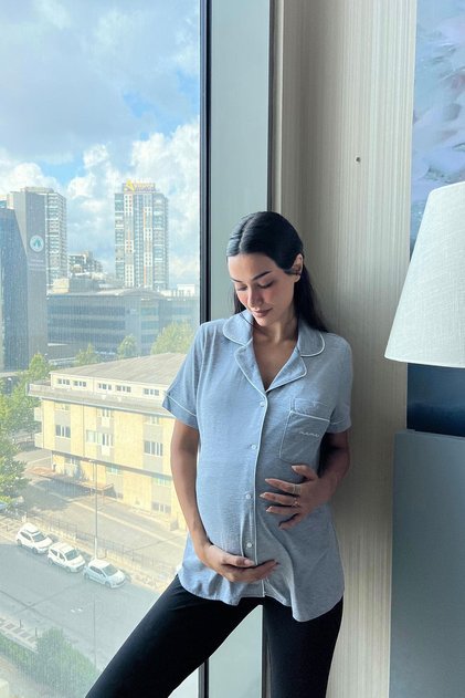 Gri %100 Pamuklu Kısa Kol Kaliteli Doğal Dokulu Hamile Günlük Pijama Üstü