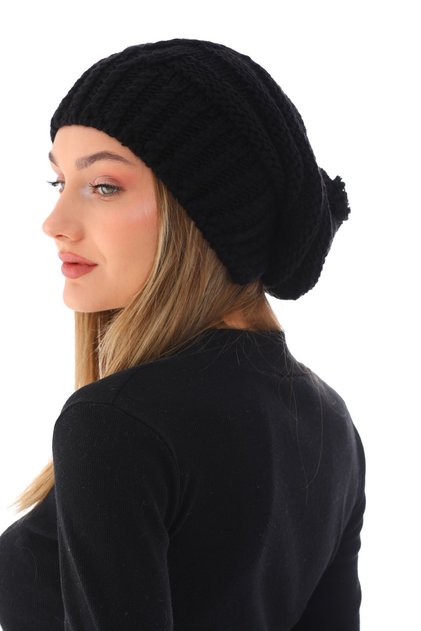 Women's Thick Black Knitted Pompom Beret