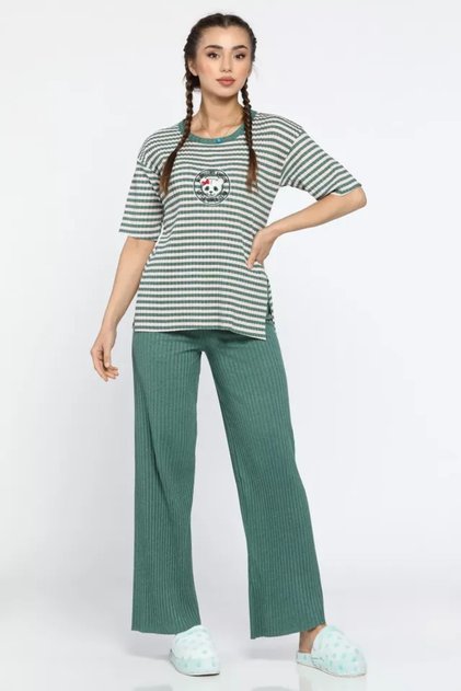 Short Sleeve Thin Knitwear Patterned Women's Pajamas Set