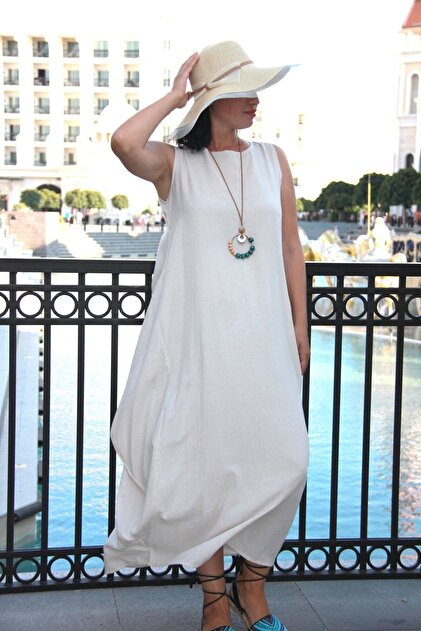 Bohemian Women's Cream Boat Neck Skirt Flounce Long Dress- Trendyol