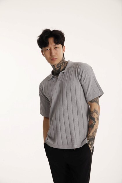 The Champ Polo Neck Knitwear Knitted Gray Men's T-Shirt