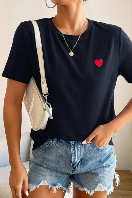 Women's Navy Blue Small Heart Printed Oversize T-Shirt
