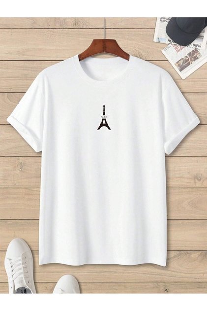 Unisex White Eiffel Printed Oversize T-Shirt