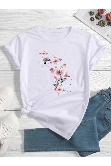 Women's White Flying Butterflies Printed Oversize T-Shirt