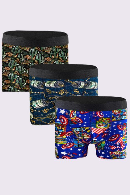 Pack of 3 Men's Patterned Boxers 95% Cotton Premium Collection - Multi Color