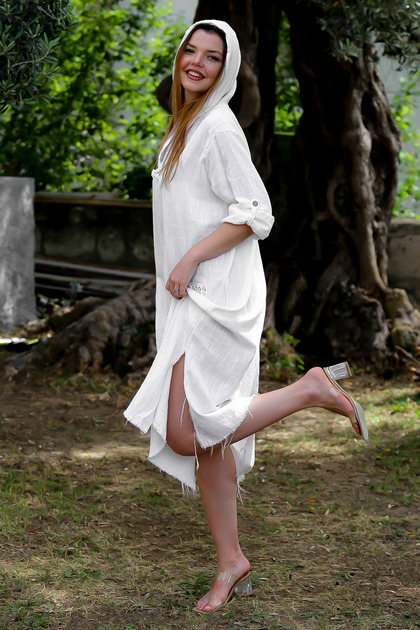 White Hooded Buttoned Long Sleeve Pocketed Slit Troc Woven Casual Dress
