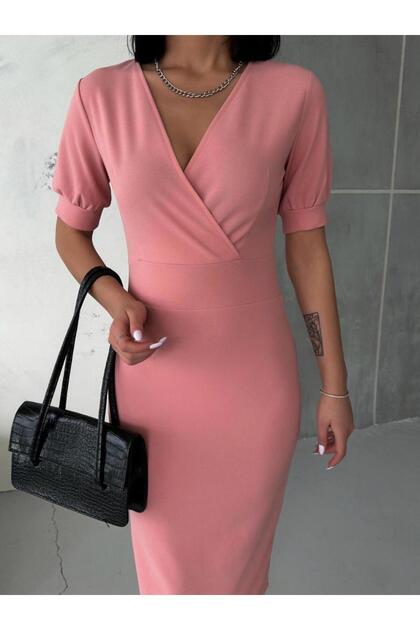 Trend Esinty Women's Double Breasted Collar Short Sleeve Midi Length Crepe Fabric Dress (Colorful)
